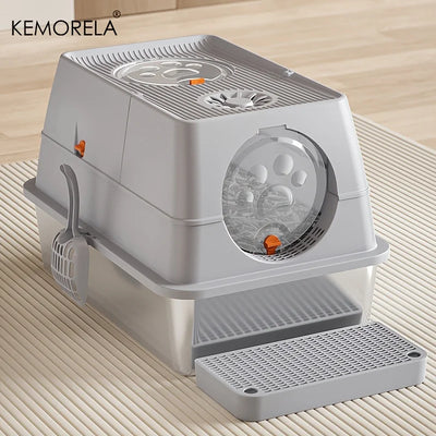 KEMORELA Stainless Steel Cat Litter Box XLExtra Large Litter Box for Big Cats Enclosed Removable with High Sided Enclosure Scoop
